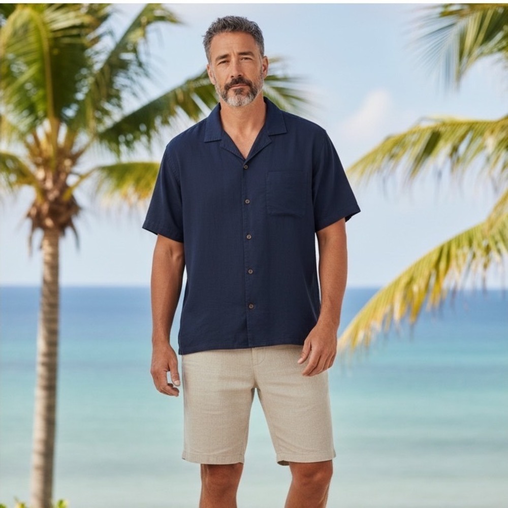 Old Navy Mens XXL Navy Blue Linen Blend Short Sleeve Camp Collar Button Up Shirt